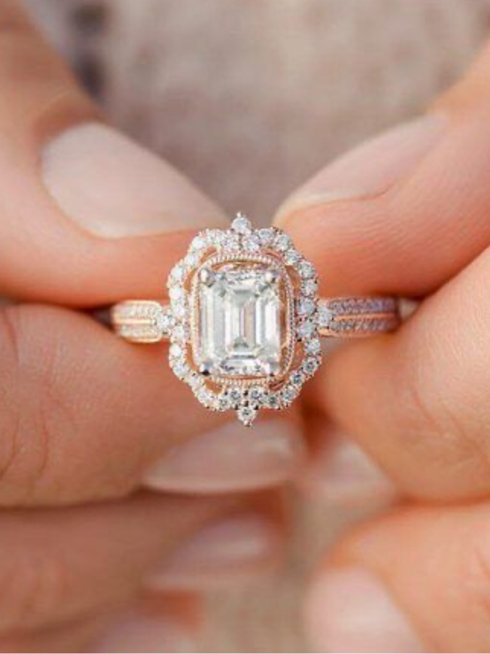 2.50 CT Emerald Cut Moissanite Unique  Halo Engagement Ring 14k Rose Gold Plated